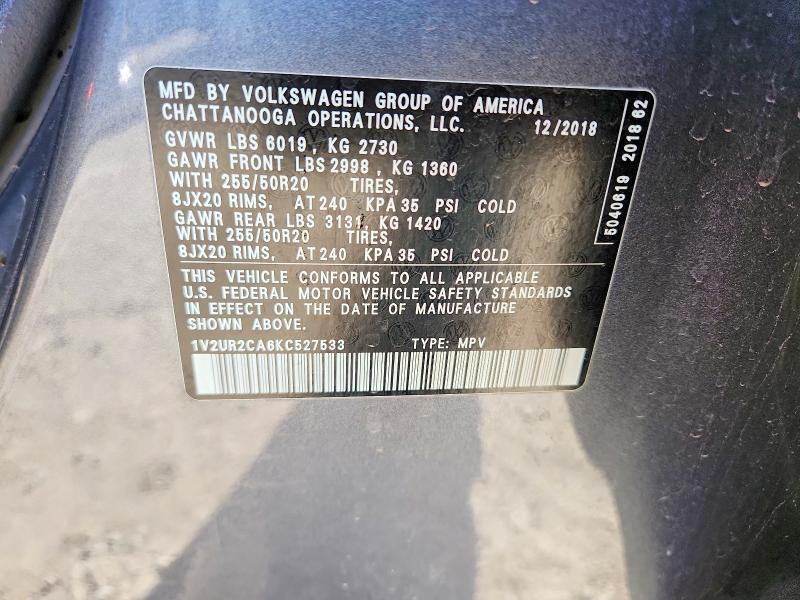 48170926 :رقم المزاد ، 1V2UR2CA6KC527533 vin ، 2019 Volkswagen Atlas مزاد بيع