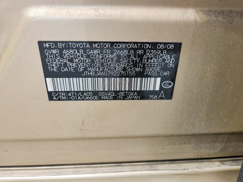 49507726 :رقم المزاد ، JTHBJ46G792275155 vin ، 2009 Lexus Es مزاد بيع
