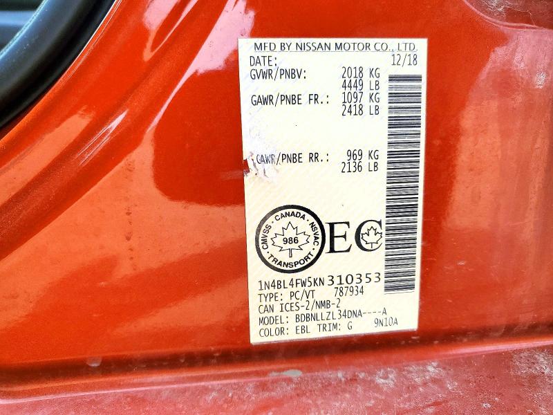 Продажа на аукционе авто 2019 Nissan Altima, vin: 1N4BL4FW5KN310353, номер лота: 50949656