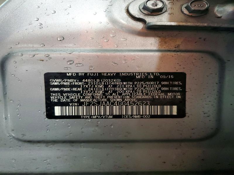 2016 Subaru Forester მანქანა იყიდება აუქციონზე, vin: JF2SJAAC4GG452623, აუქციონის ნომერი: 49933876