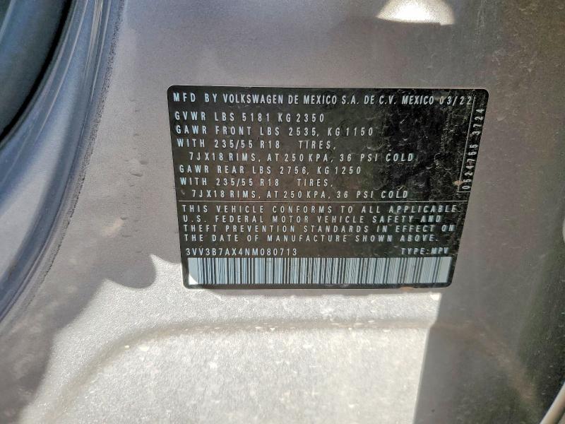 Auction sale of the 2022 Volkswagen Tiguan, vin: 3VV3B7AX4NM080713, lot number: 49315196