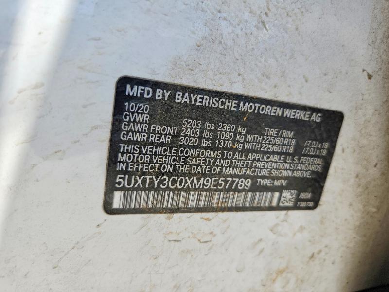 2021 Bmw X3 მანქანა იყიდება აუქციონზე, vin: 5UXTY3C0XM9E57789, აუქციონის ნომერი: 49769636