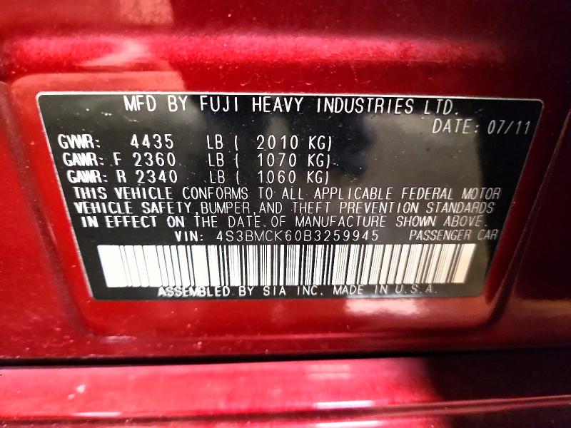 2011 Subaru Legacy მანქანა იყიდება აუქციონზე, vin: 4S3BMCK60B3259945, აუქციონის ნომერი: 49163326