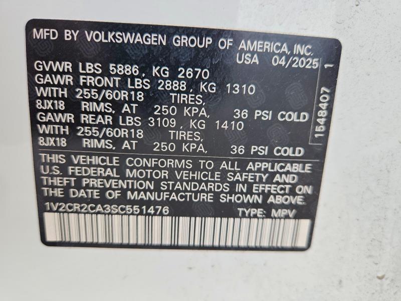 2025 Volkswagen Atlas მანქანა იყიდება აუქციონზე, vin: 1V2CR2CA3SC551476, აუქციონის ნომერი: 50600116