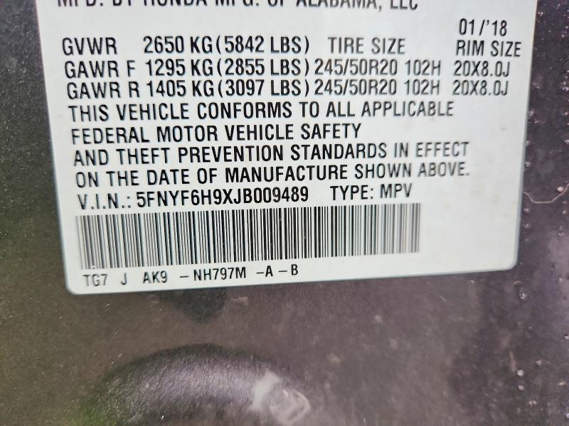 2018 Honda Pilot მანქანა იყიდება აუქციონზე, vin: 5FNYF6H9XJB009489, აუქციონის ნომერი: 45958836
