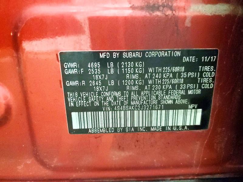 2018 Subaru Outback მანქანა იყიდება აუქციონზე, vin: 4S4BSAKC2J3271671, აუქციონის ნომერი: 51767956