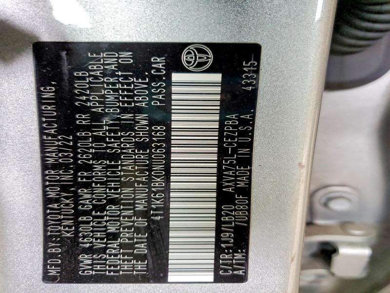 2022 Toyota Camry მანქანა იყიდება აუქციონზე, vin: 4T1K61BK0NU063168, აუქციონის ნომერი: 48483906