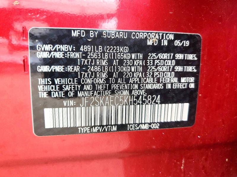 Aukcja sprzedaży 2019 Subaru Forester, vin: JF2SKAEC5KH545824, numer aukcji: 50894446