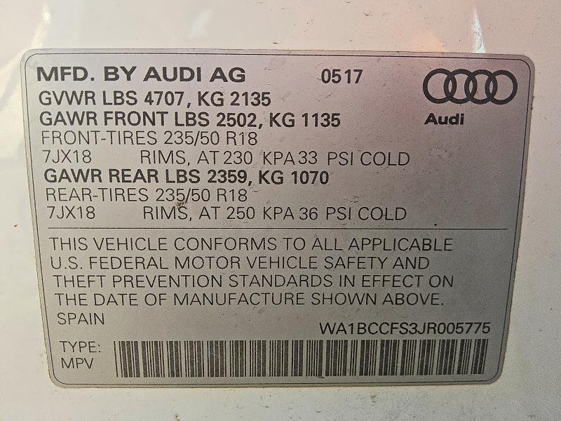 2018 Audi Q3 მანქანა იყიდება აუქციონზე, vin: WA1BCCFS3JR005775, აუქციონის ნომერი: 50075706