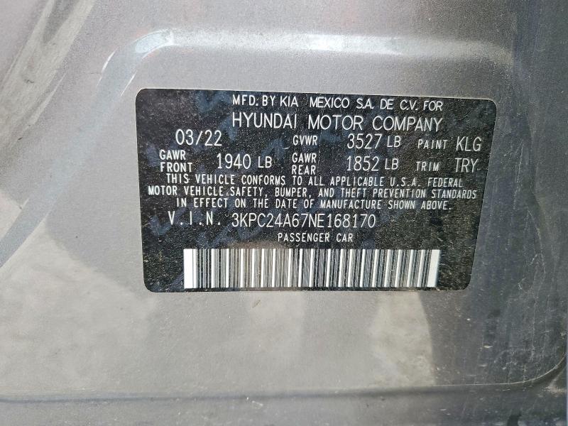 2022 Hyundai Accent მანქანა იყიდება აუქციონზე, vin: 3KPC24A67NE168170, აუქციონის ნომერი: 49829886