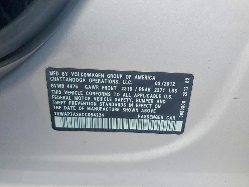 Продаж на аукціоні авто 2012 Volkswagen Passat, vin: 1VWAP7A38CC064224, номер лоту: 51759836