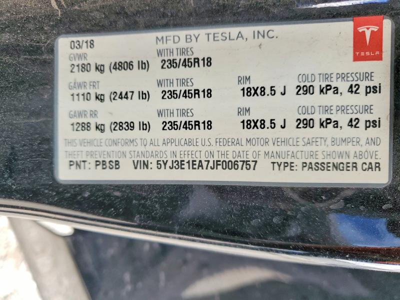 Продаж на аукціоні авто 2018 Tesla Model 3, vin: 5YJ3E1EA7JF006757, номер лоту: 49778956