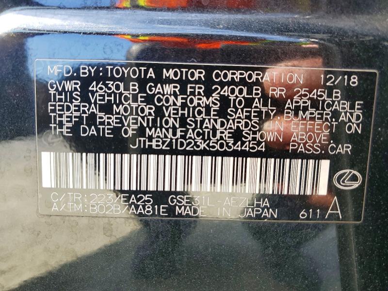 51306146 :رقم المزاد ، JTHBZ1D23K5034454 vin ، 2019 Lexus Is مزاد بيع