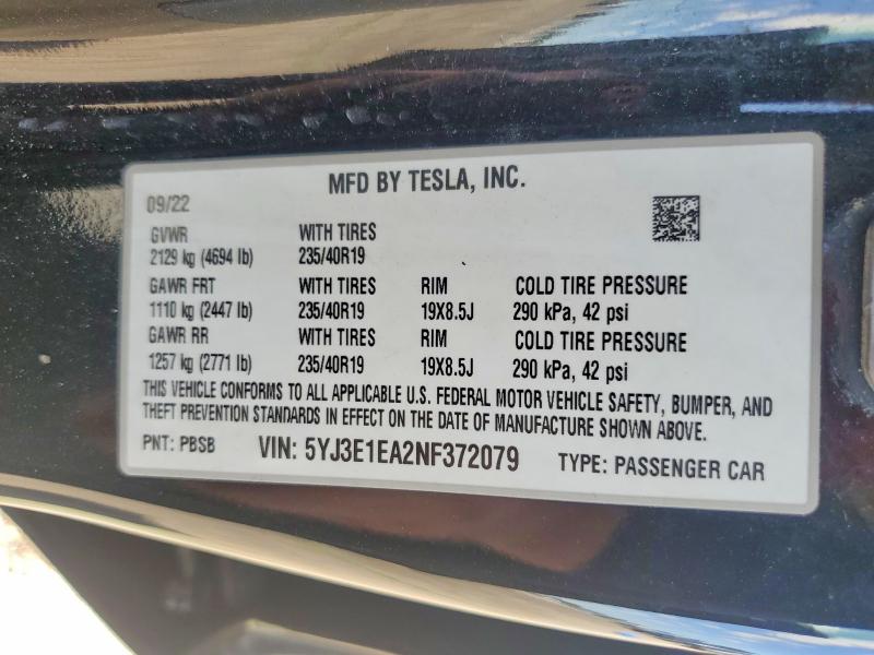 Продаж на аукціоні авто 2022 Tesla Model 3, vin: 5YJ3E1EA2NF372079, номер лоту: 50212056