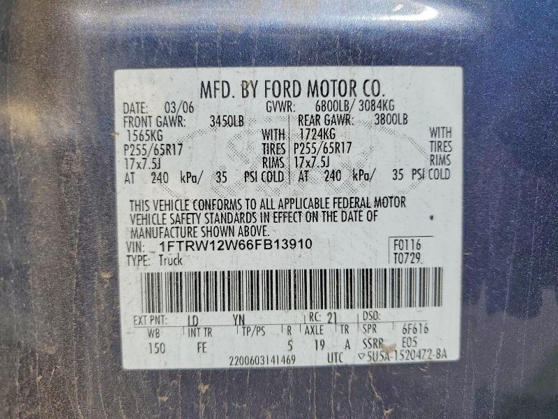Продажа на аукционе авто 2006 Ford F150, vin: 1FTRW12W66FB13910, номер лота: 48637586