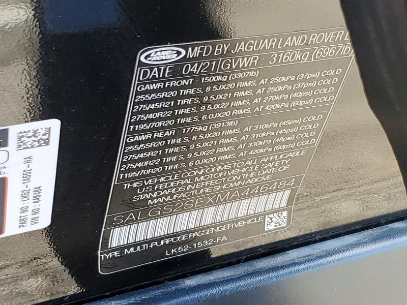 Aukcja sprzedaży 2021 Land Rover Range Rover, vin: SALGS2SEXMA446484, numer aukcji: 49892756