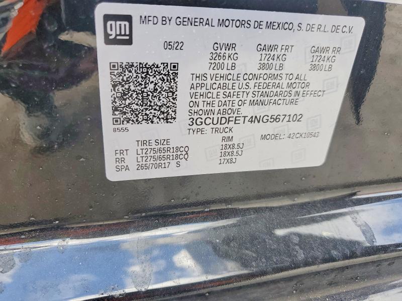 50921966 :رقم المزاد ، 3GCUDFET4NG567102 vin ، 2022 Chevrolet Silverado مزاد بيع