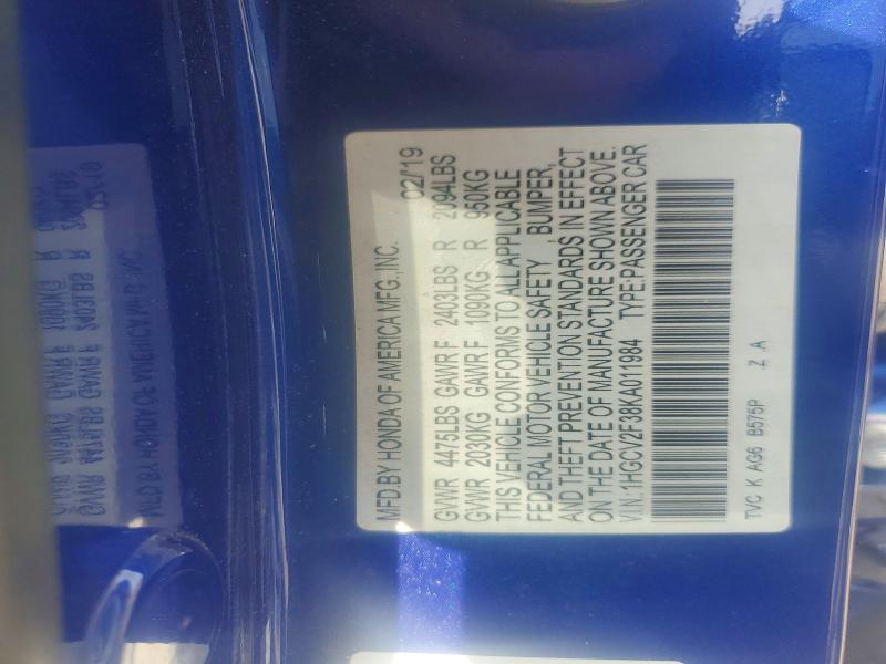 50393306 :رقم المزاد ، 1HGCV2F38KA011984 vin ، 2019 Honda Accord مزاد بيع