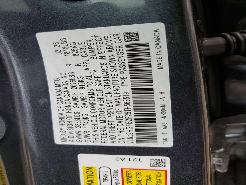 50054506 :رقم المزاد ، 2HGFE2F25TH568519 vin ، 2026 Honda Civic مزاد بيع