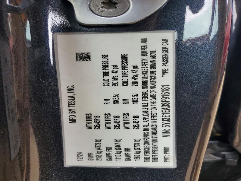 2025 Tesla Model 3 მანქანა იყიდება აუქციონზე, vin: 5YJ3E1EA3SF916181, აუქციონის ნომერი: 51525136