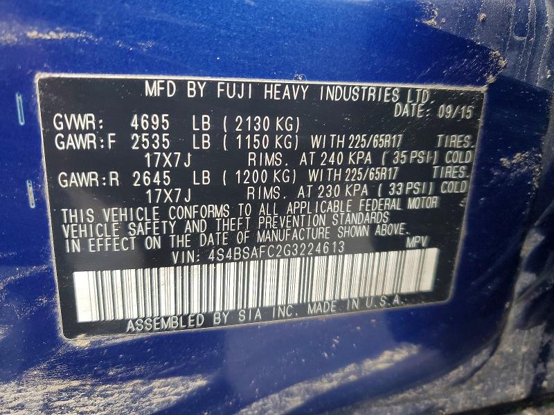 Продаж на аукціоні авто 2016 Subaru Outback, vin: 4S4BSAFC2G3224613, номер лоту: 48740596