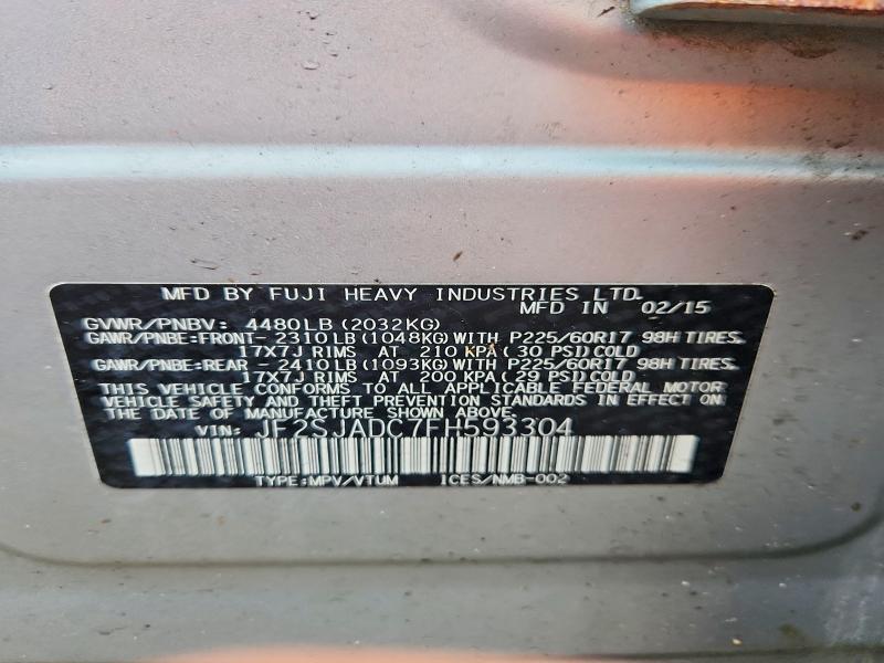 2015 Subaru Forester მანქანა იყიდება აუქციონზე, vin: JF2SJADC7FH593304, აუქციონის ნომერი: 50555816