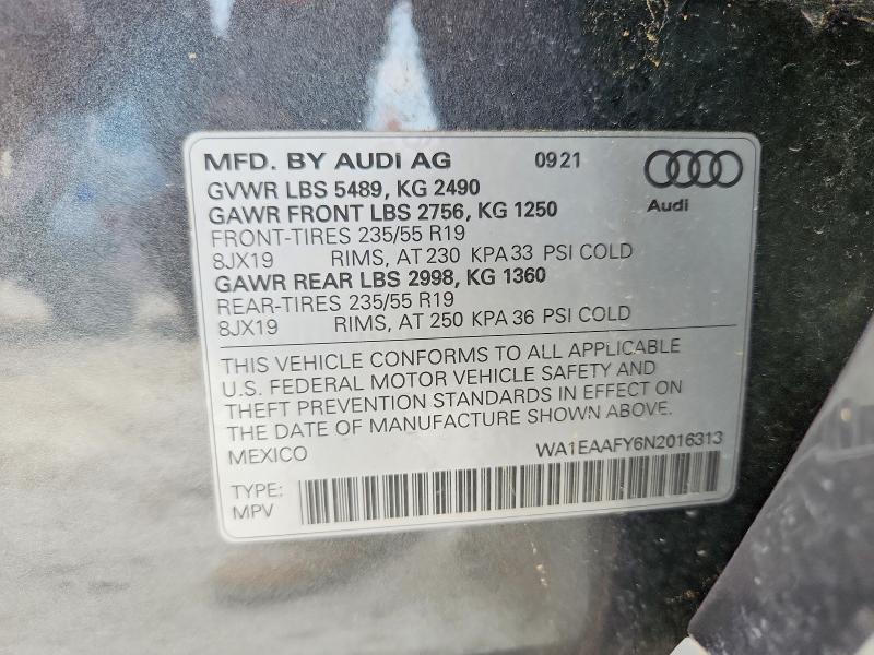 51076616 :رقم المزاد ، WA1EAAFY6N2016313 vin ، 2022 Audi Q5 مزاد بيع