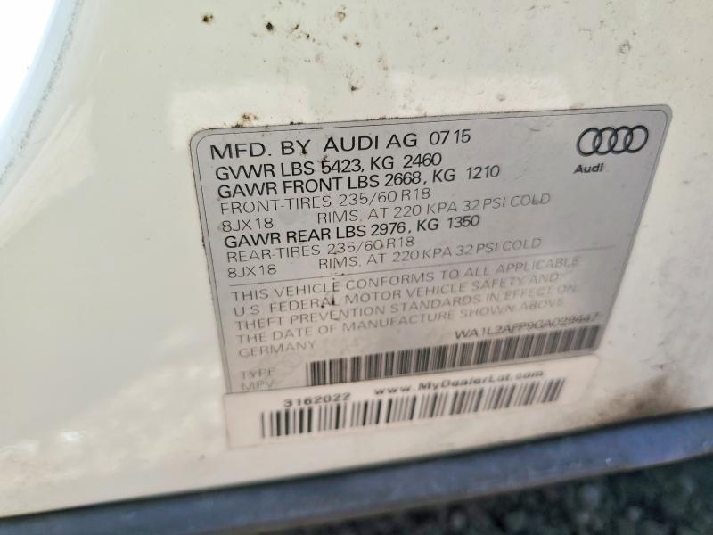2016 Audi Q5 მანქანა იყიდება აუქციონზე, vin: WA1L2AFP9GA029447, აუქციონის ნომერი: 51104246