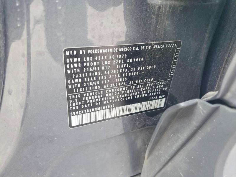 49306416 :رقم المزاد ، 3VVCX7B20NM001932 vin ، 2022 Volkswagen Taos مزاد بيع