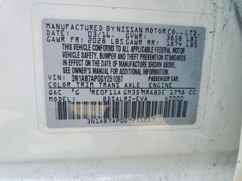 Aukcja sprzedaży 2016 Nissan Sentra, vin: 3N1AB7AP0GY251087, numer aukcji: 51500876