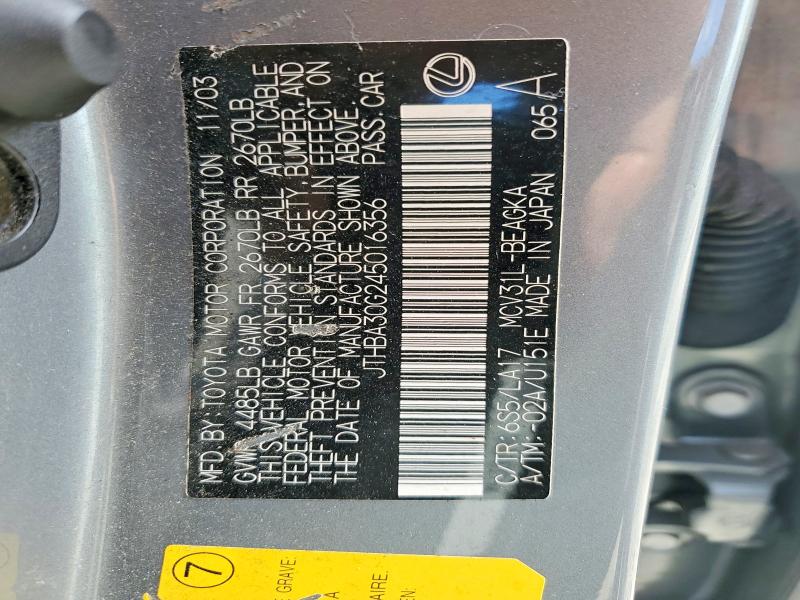 50297226 :رقم المزاد ، JTHBA30G245016356 vin ، 2004 Lexus Es 330 مزاد بيع