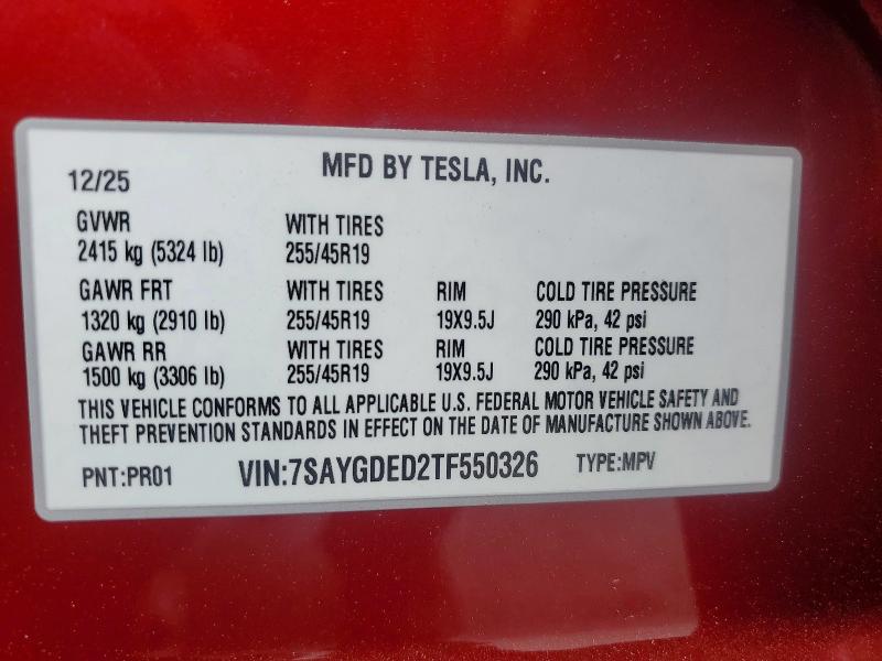 Продаж на аукціоні авто 2026 Tesla Model Y, vin: 7SAYGDED2TF550326, номер лоту: 48536046