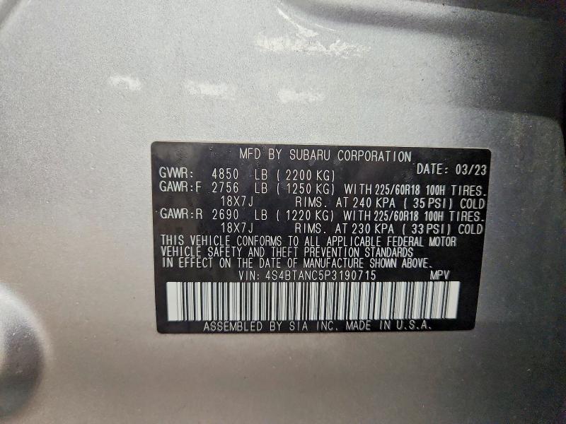 2023 Subaru Outback მანქანა იყიდება აუქციონზე, vin: 4S4BTANC5P3190715, აუქციონის ნომერი: 48347856