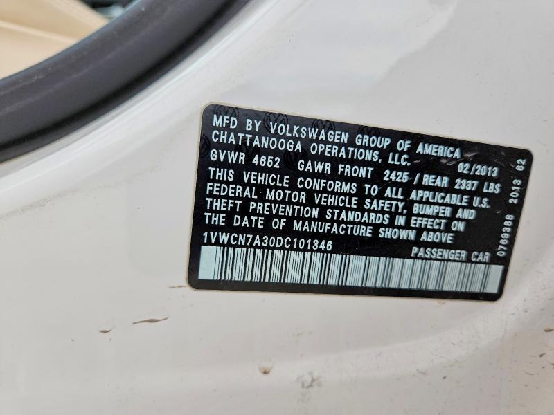 50517056 :رقم المزاد ، 1VWCN7A30DC101346 vin ، 2013 Volkswagen Passat مزاد بيع