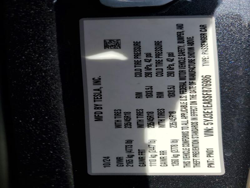 49636956 :رقم المزاد ، 5YJ3E1EA8SF876986 vin ، 2025 Tesla Model 3 مزاد بيع