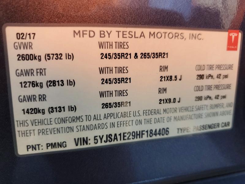 Auction sale of the 2017 Tesla Model S, vin: 5YJSA1E29HF184406, lot number: 49073966