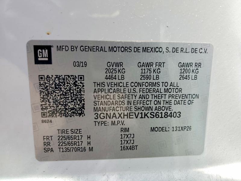 Продажа на аукционе авто 2019 Chevrolet Equinox, vin: 3GNAXHEV1KS618403, номер лота: 51636126