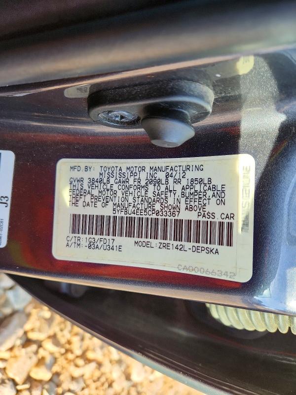 Aukcja sprzedaży 2012 Toyota Corolla, vin: 5YFBU4EE5CP033367, numer aukcji: 48899996