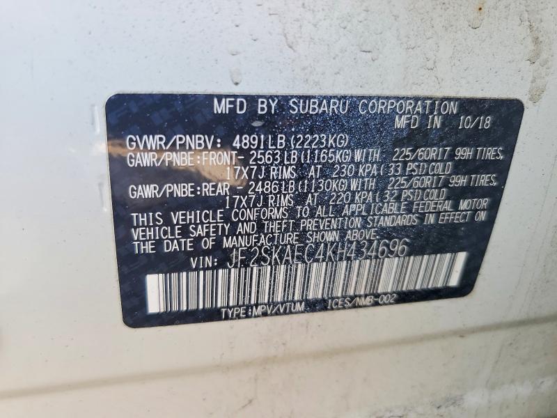 2019 Subaru Forester მანქანა იყიდება აუქციონზე, vin: JF2SKAEC4KH434696, აუქციონის ნომერი: 51091756