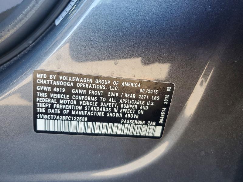 2015 Volkswagen Passat მანქანა იყიდება აუქციონზე, vin: 1VWCT7A35FC122539, აუქციონის ნომერი: 50161196