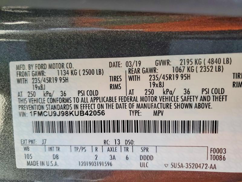 Продаж на аукціоні авто 2019 Ford Escape, vin: 1FMCU9J98KUB42056, номер лоту: 51180866