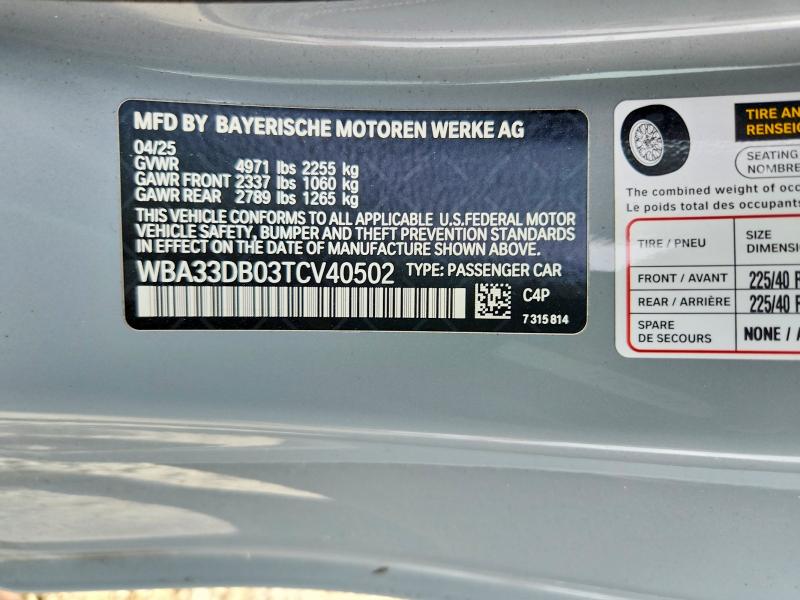 2026 Bmw 430i მანქანა იყიდება აუქციონზე, vin: WBA33DB03TCV40502, აუქციონის ნომერი: 46744996