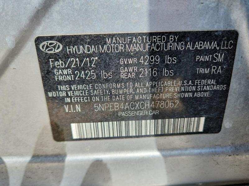 Aukcja sprzedaży 2012 Hyundai Sonata, vin: 5NPEB4ACXCH478062, numer aukcji: 49875386
