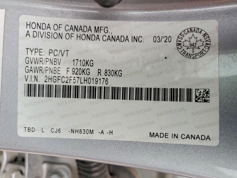 48833756 :رقم المزاد ، 2HGFC2F57LH019176 vin ، 2020 Honda Civic مزاد بيع