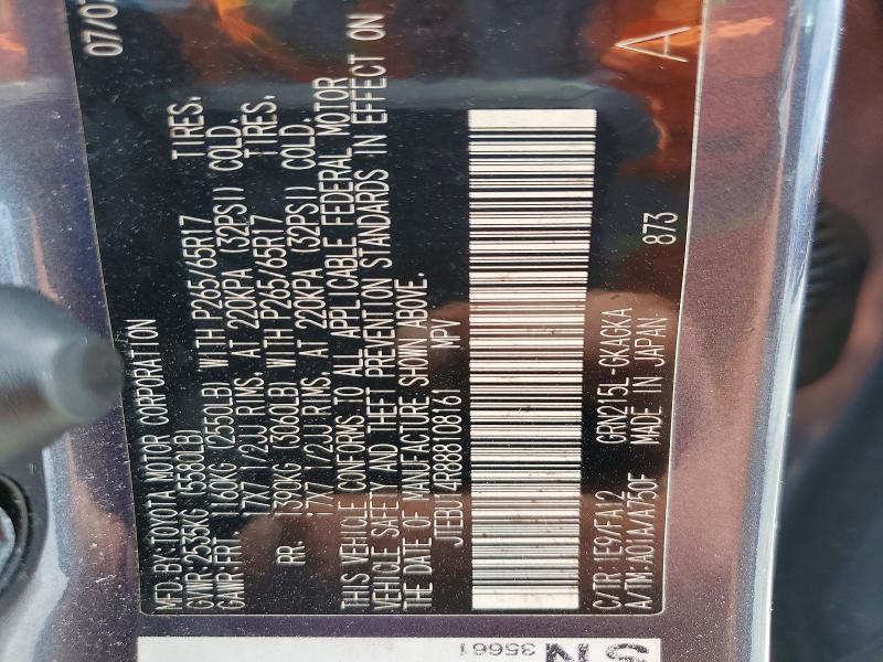 49609346 :رقم المزاد ، JTEBU14R888108161 vin ، 2008 Toyota 4runner مزاد بيع