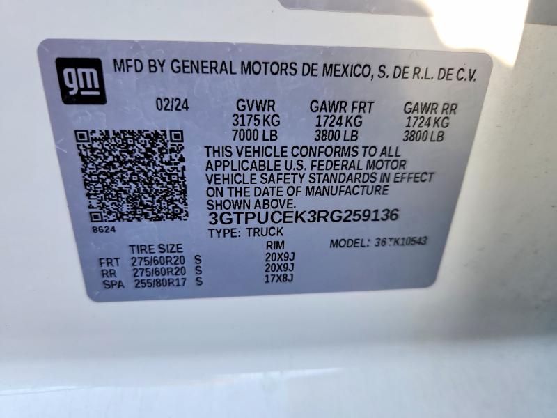 2024 Gmc Sierra მანქანა იყიდება აუქციონზე, vin: 3GTPUCEK3RG259136, აუქციონის ნომერი: 49196696