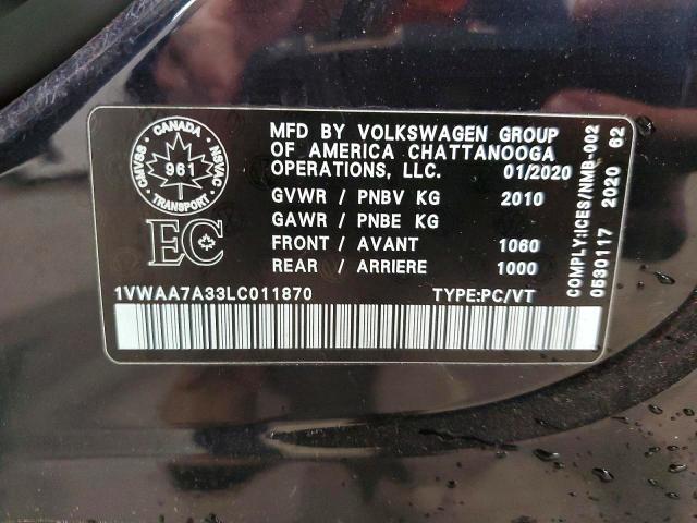 2020 Volkswagen Passat მანქანა იყიდება აუქციონზე, vin: 1VWAA7A33LC011870, აუქციონის ნომერი: 49393886