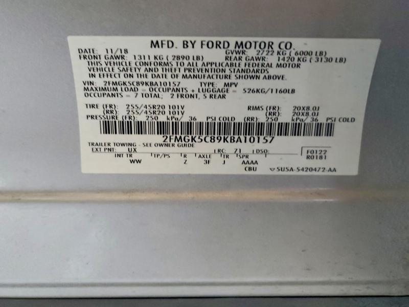 2019 Ford Flex მანქანა იყიდება აუქციონზე, vin: 2FMGK5C89KBA10157, აუქციონის ნომერი: 50763586