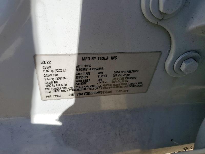 49656306 :رقم المزاد ، 7SAYGDEF0NF397305 vin ، 2022 Tesla Model Y مزاد بيع