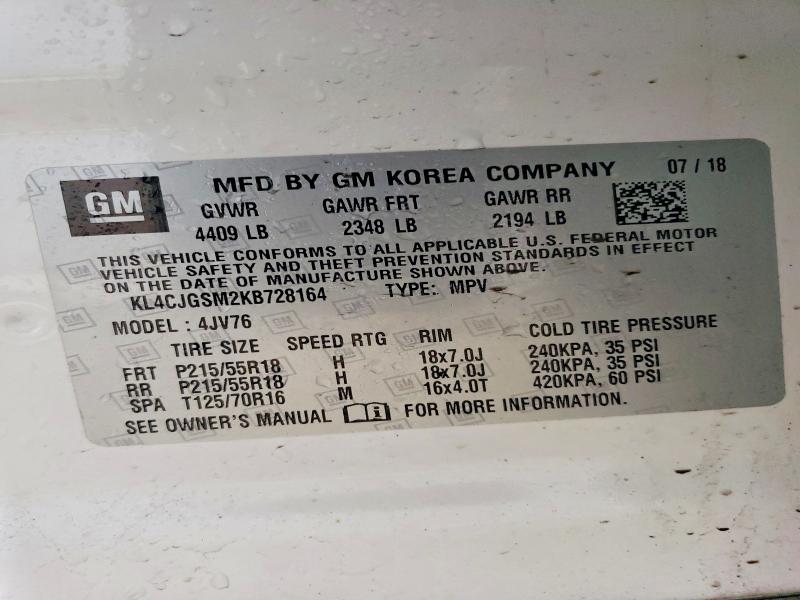 2019 Buick Encore მანქანა იყიდება აუქციონზე, vin: KL4CJGSM2KB728164, აუქციონის ნომერი: 48630196